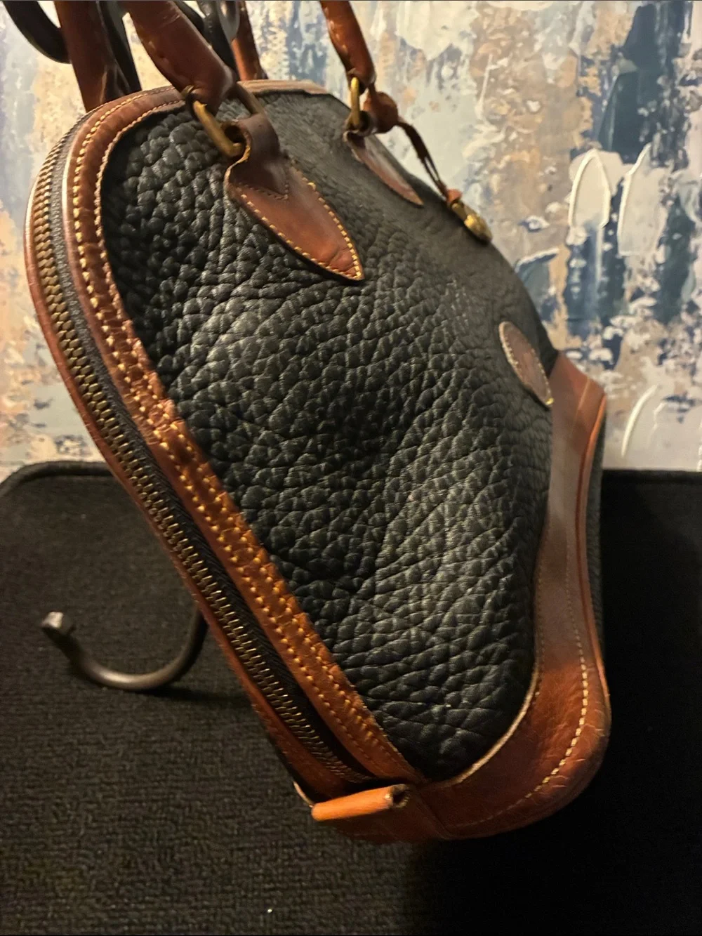 Vintage 1990s Dooney & Bourke Black with Brown Trim Pebbled Leather Satchel